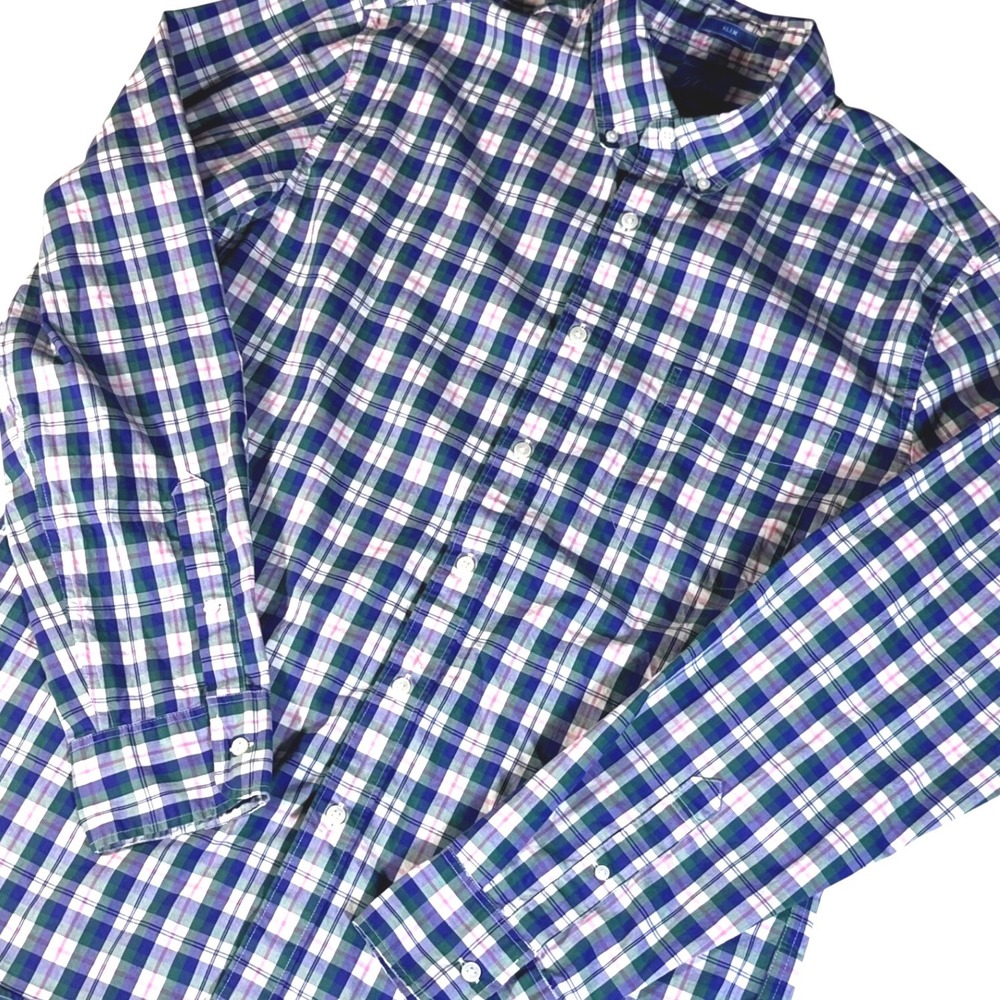 J.Crew Button Down Shirt Men Large Blue Green Plaid Slim Secret Wash AU769